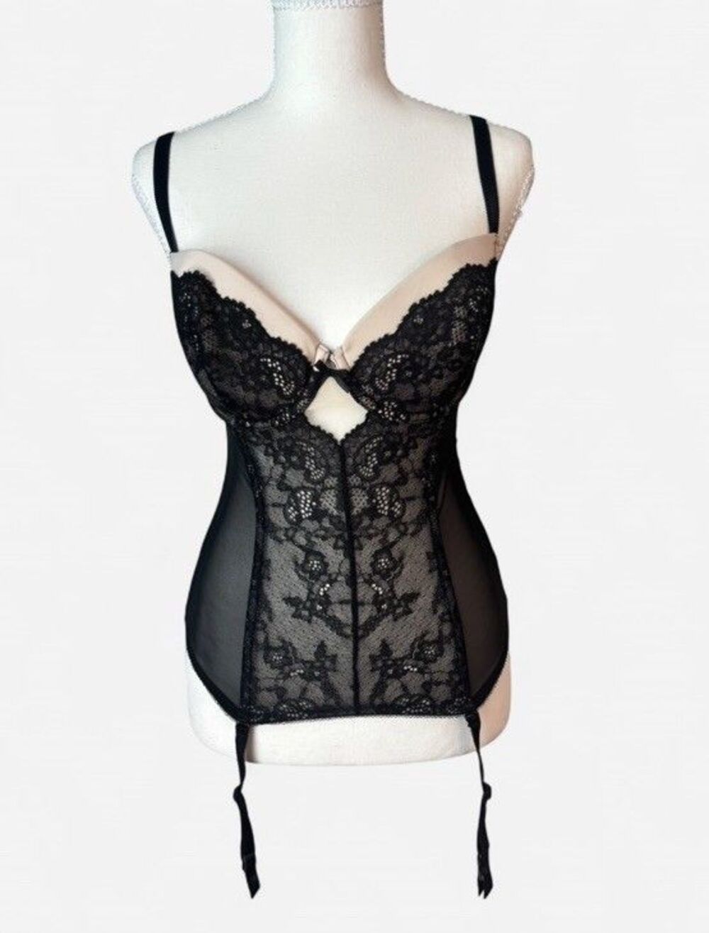 Victoria’s Secret 36C Black Ivory Lace Mesh Bustier Corset Teddy Garter Lingerie